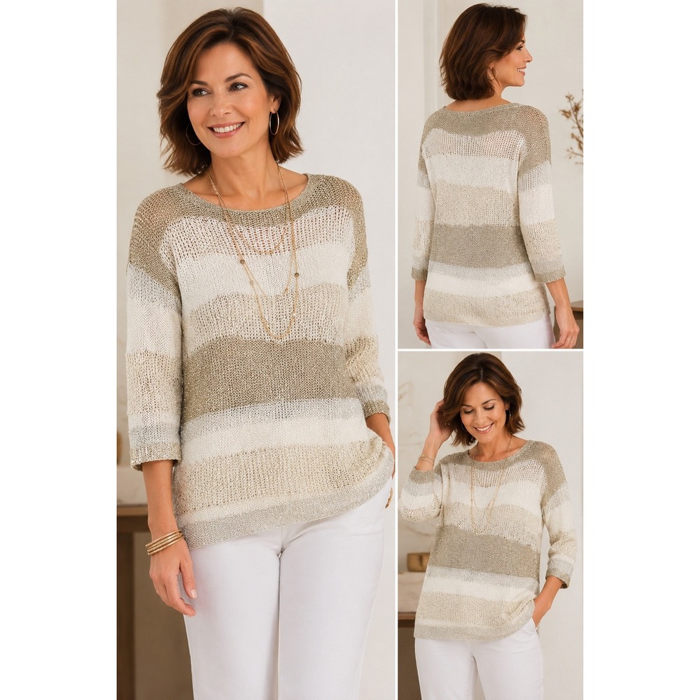 NWT-Chico's Leona Pattern Sweater Size 2 (Large/12) – Neutral Stripe Sequin Knit